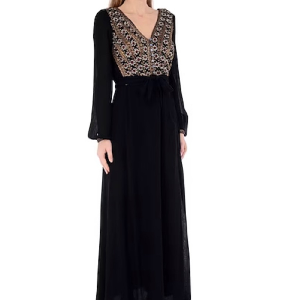 Free People Hearts Desire Black Rose Gold Embroidered Maxi Dress
